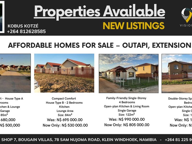 A promotional real estate flyer showcasing various house models available for sale in Outapi, Extension 3, featuring property details and contact information.