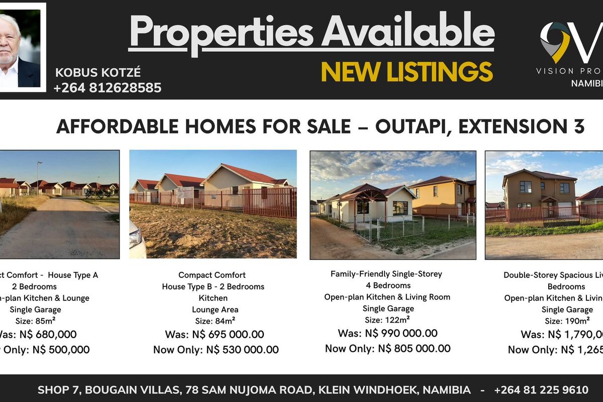 A promotional real estate flyer showcasing various house models available for sale in Outapi, Extension 3, featuring property details and contact information.