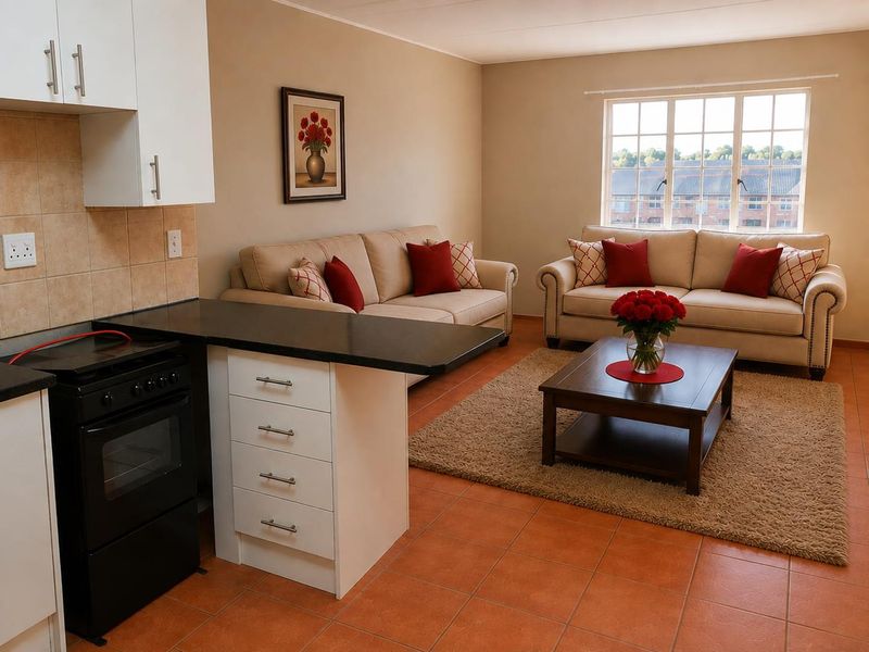An open-plan living area featuring tiled floors, a functional kitchen with black countertops, and a bright living space with large grid-pattern windows.