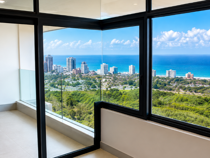A bright, empty interior space featuring expansive floor-to-ceiling windows with panoramic coastal and city skyline views and a modern glass-enclosed balcony.