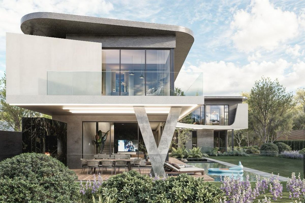 Modern luxury rear elevation featuring a swimming pool, expansive glass windows, a covered patio with an outdoor fireplace, and contemporary architectural design.