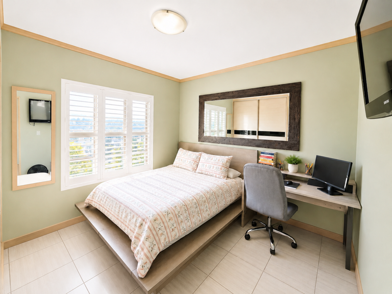 A well-lit bedroom featuring tiled flooring, plantation shutters, and a built-in wardrobe with sliding doors.