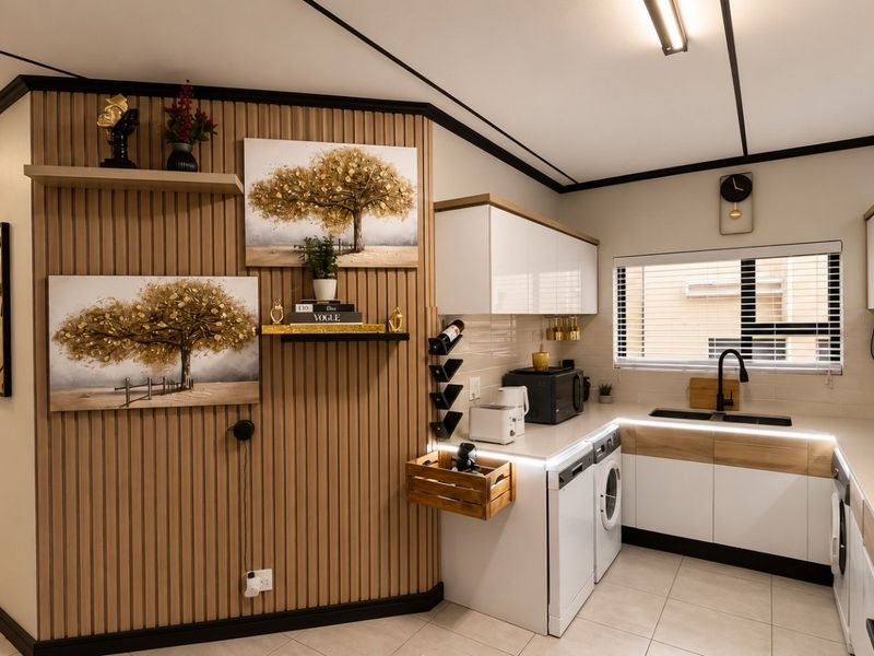 Modern kitchen featuring sleek white cabinetry, slatted wood accent wall, integrated sink, and under-cabinet lighting, creating a contemporary and functional culinary space.
