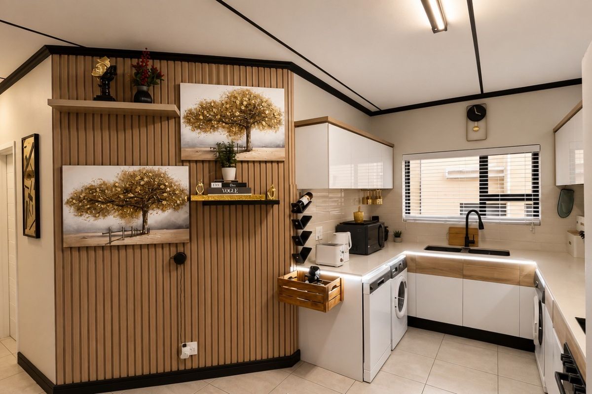 Modern kitchen featuring sleek white cabinetry, slatted wood accent wall, integrated sink, and under-cabinet lighting, creating a contemporary and functional culinary space.
