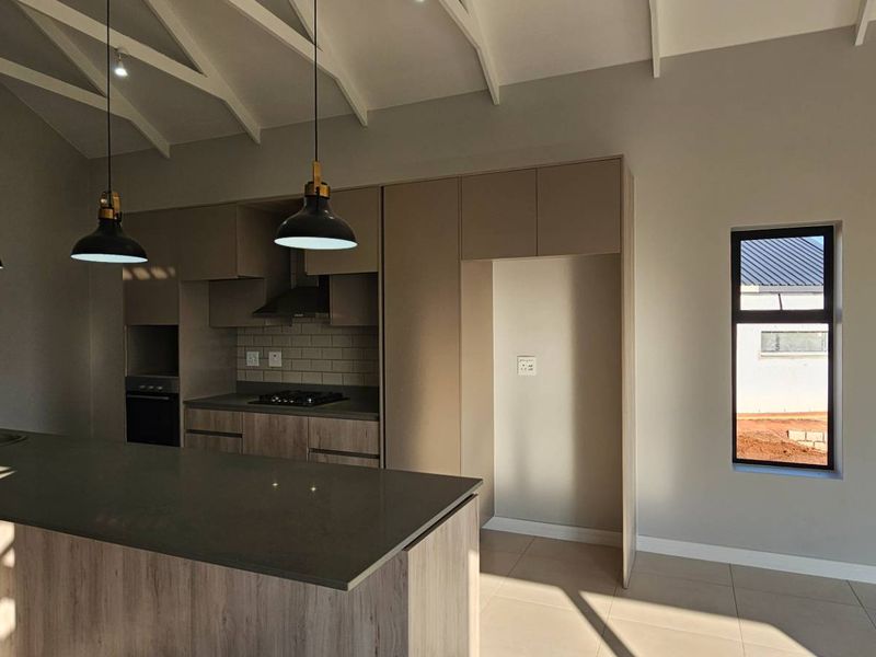 Modern open-plan kitchen featuring a large island, stone countertops, built-in cabinetry, gas hob, and vaulted ceilings with pendant lighting.