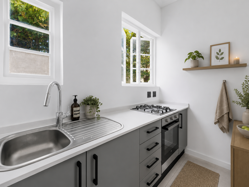 A modern, well-lit kitchen featuring grey cabinetry, stone countertops, a stainless steel sink, and integrated gas cooktop with built-in oven.