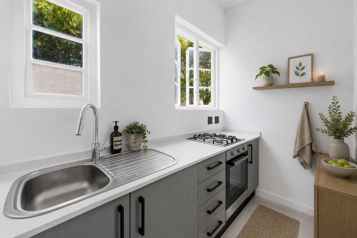 A modern, well-lit kitchen featuring grey cabinetry, stone countertops, a stainless steel sink, and integrated gas cooktop with built-in oven.