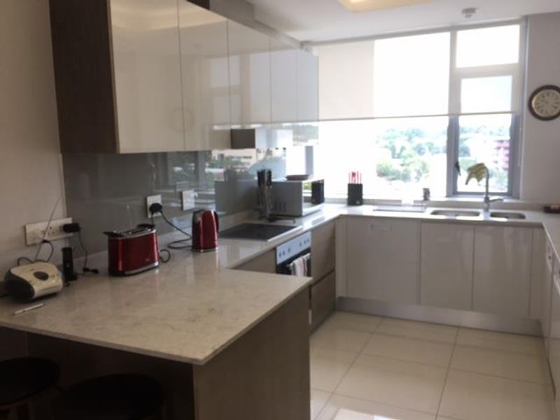 Modern kitchen featuring high-gloss cabinetry, stone countertops, integrated appliances, and large windows providing ample natural light and an urban view.