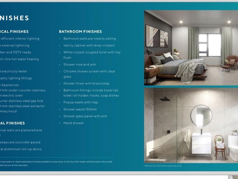A marketing brochure displaying property finish specifications and rendered interior images of bedrooms and bathrooms.