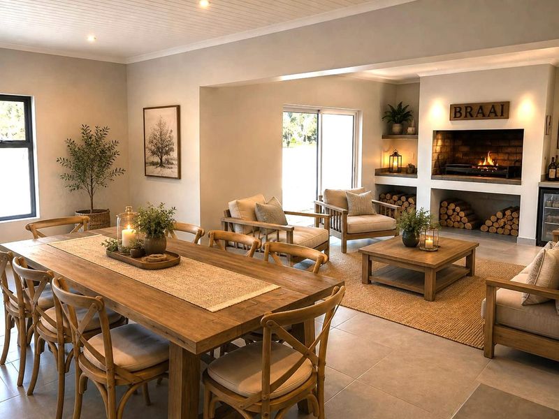 Spacious open-plan living and dining area featuring a built-in fireplace, tiled floors, and direct access to the outdoors through sliding glass doors.