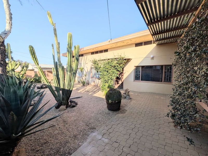Rear exterior view featuring a paved patio area, corrugated metal roof covering, and established desert-style landscaping with gravel and cacti.
