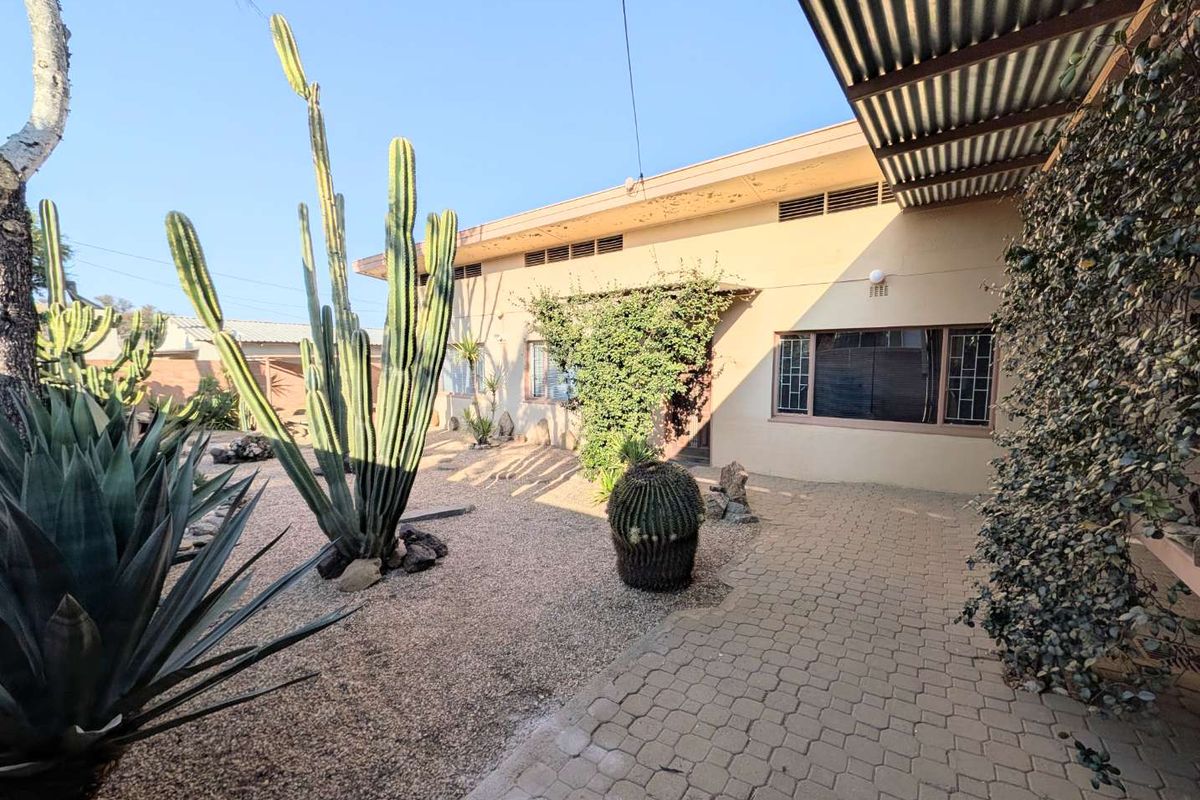 Rear exterior view featuring a paved patio area, corrugated metal roof covering, and established desert-style landscaping with gravel and cacti.