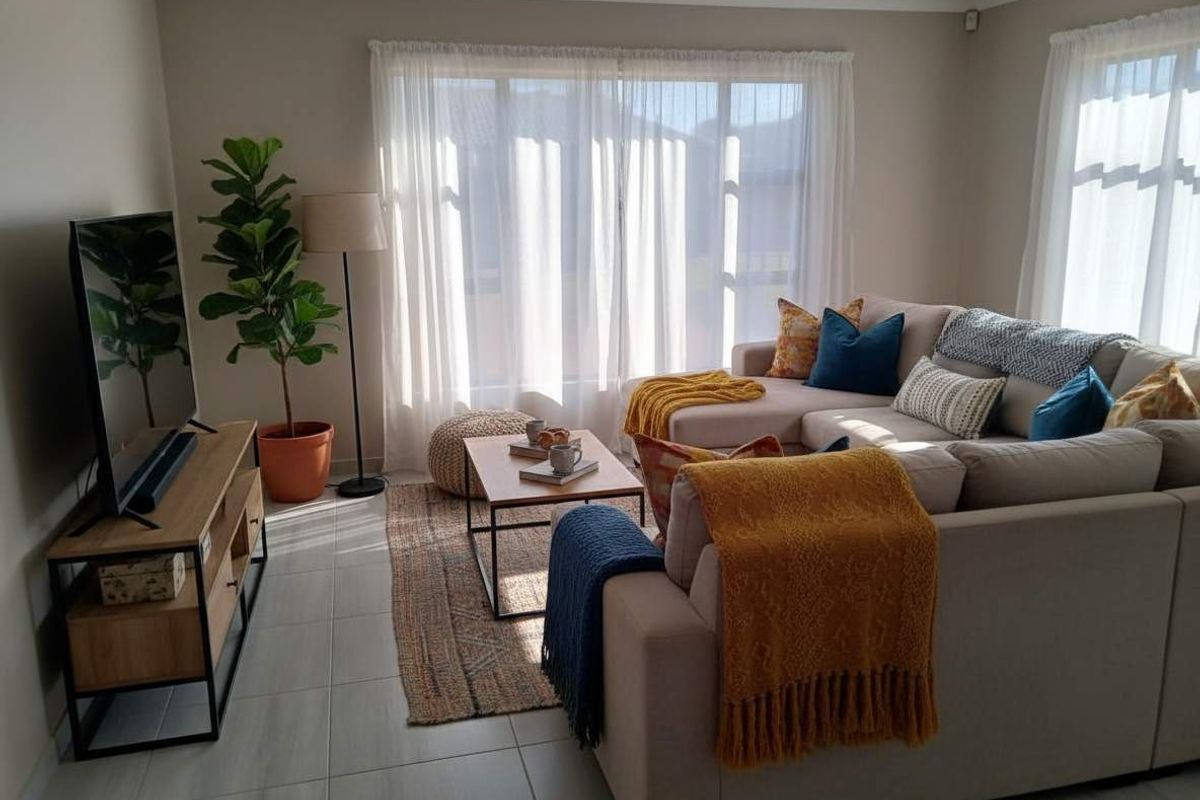 A bright and well-maintained living room featuring neutral wall tones, large windows with natural light, and modern tiled flooring.