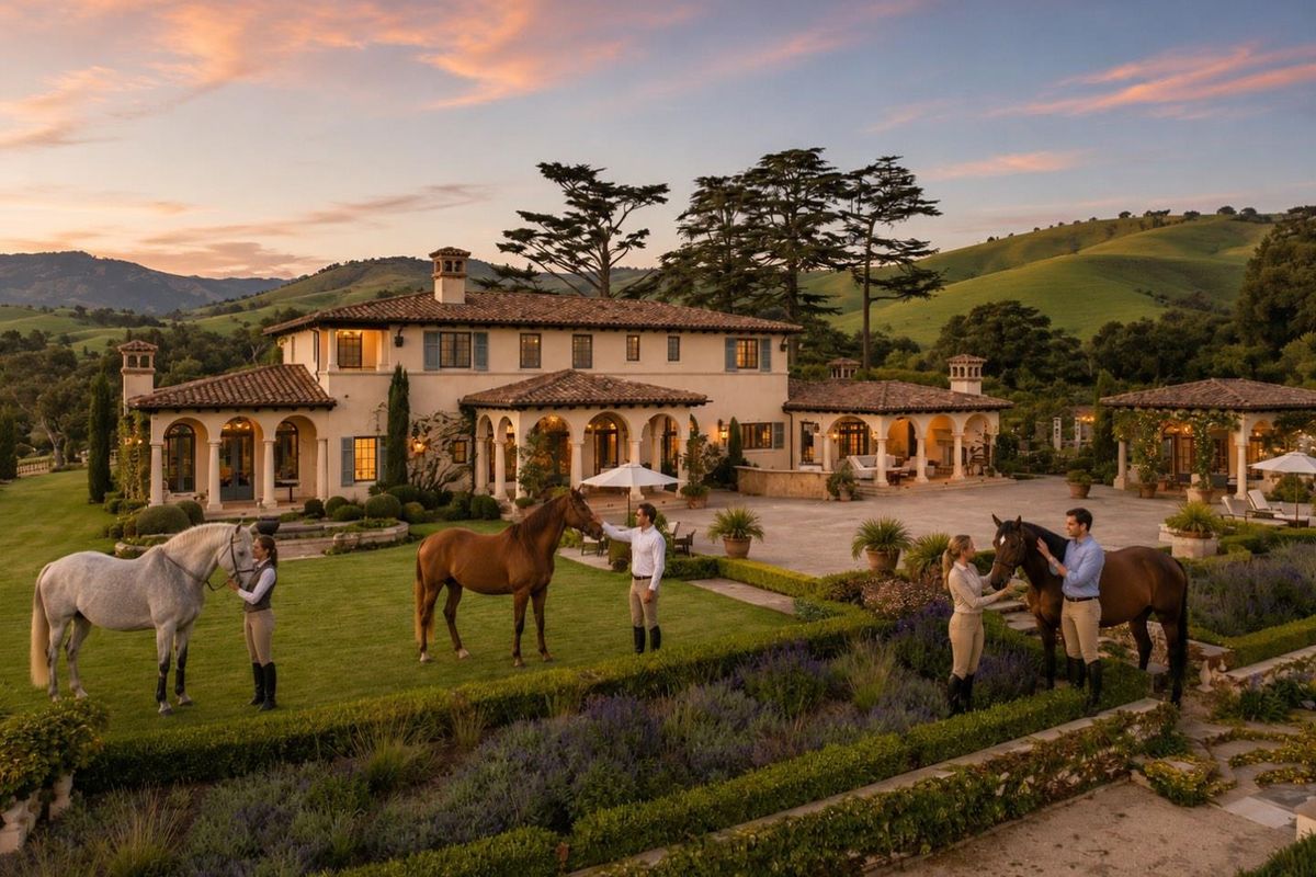 A stunning Mediterranean-style estate featuring expansive stone patios, elegant arched colonnades, and beautifully manicured gardens set against a scenic rolling landscape.
