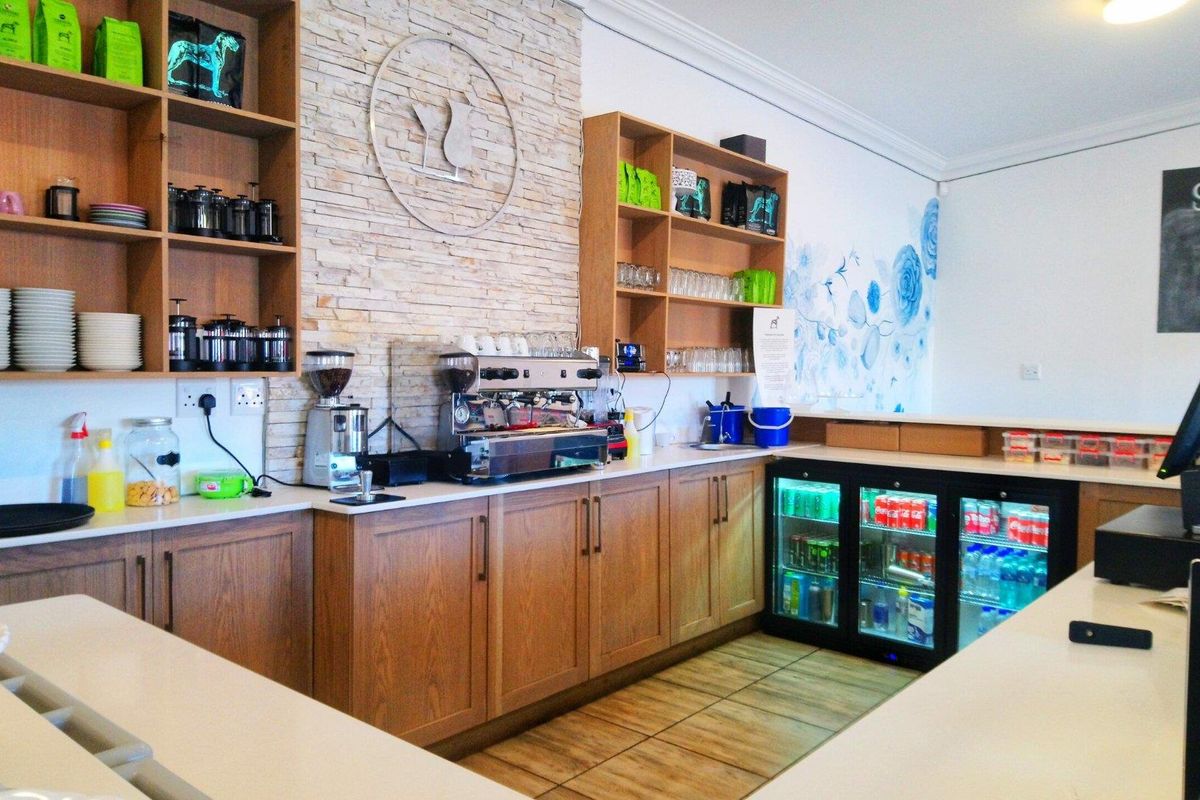 A well-equipped commercial kitchen area featuring wooden cabinetry, stone-cladding feature wall, integrated under-counter beverage refrigeration, and ample open shelving for storage.