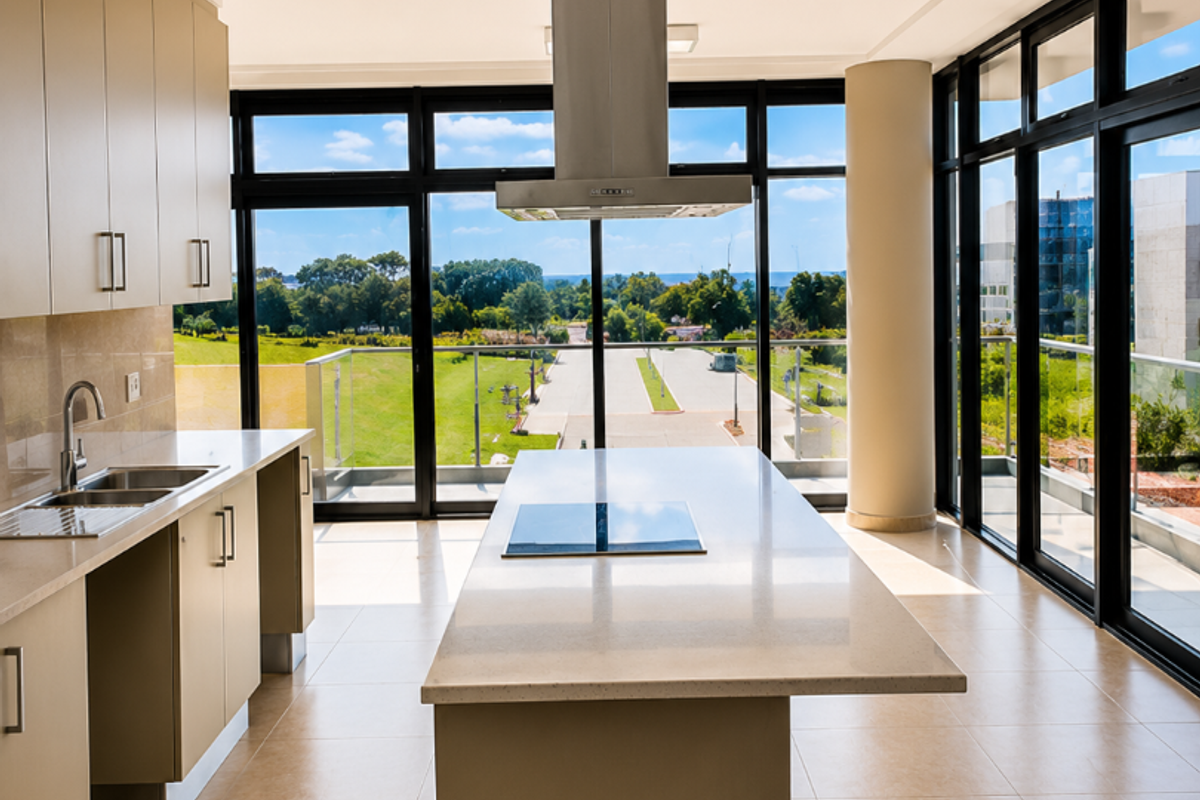 Modern kitchen featuring a central island with a built-in cooktop, sleek cabinetry, and expansive floor-to-ceiling windows offering scenic outdoor views.