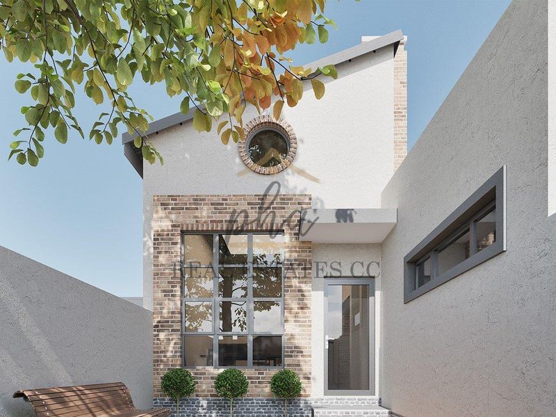 Modern townhouse exterior featuring a combination of brick and rendered finishes, a distinctive circular window, and a contemporary glass-paneled entrance door.