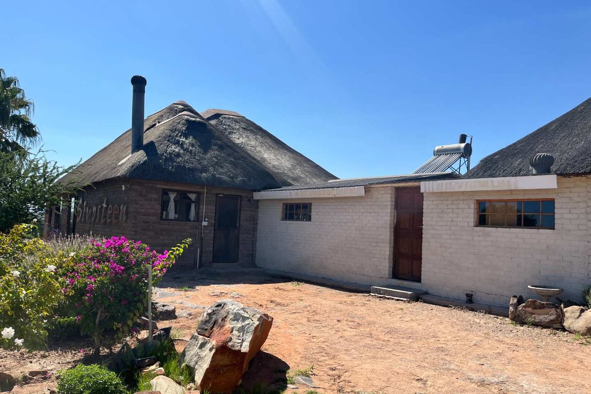 Exterior view of a farm-style dwelling featuring traditional thatch roofing, painted brick walls, and a solar water heating system.