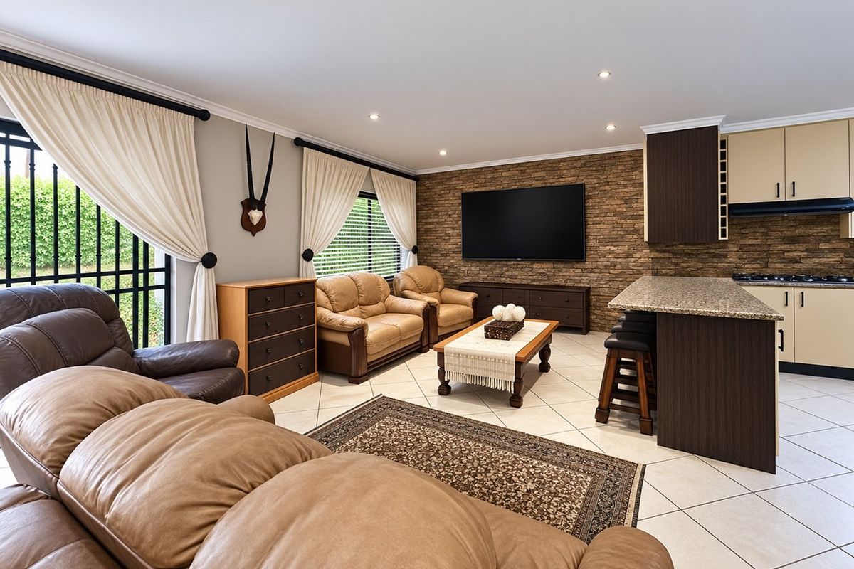 Spacious open-plan living area featuring a stone veneer feature wall, modern kitchen with granite countertops, and tiled flooring throughout.