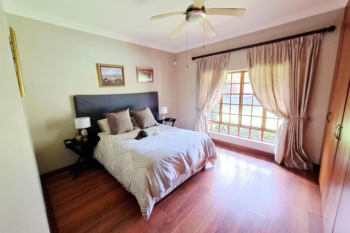 A well-maintained bedroom featuring warm-toned laminate flooring, a ceiling fan, and large windows with curtain rods.