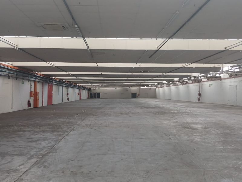 Expansive industrial warehouse space featuring high ceilings, durable concrete flooring, and large access doors, suitable for storage or manufacturing operations.