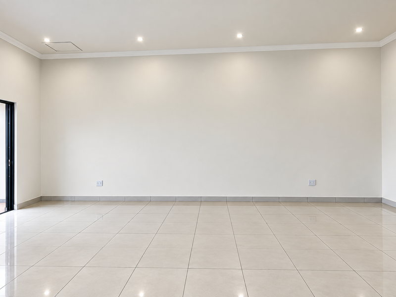 A spacious, empty open-plan area featuring neutral tiled flooring, recessed downlights, and clean, well-maintained wall finishes.