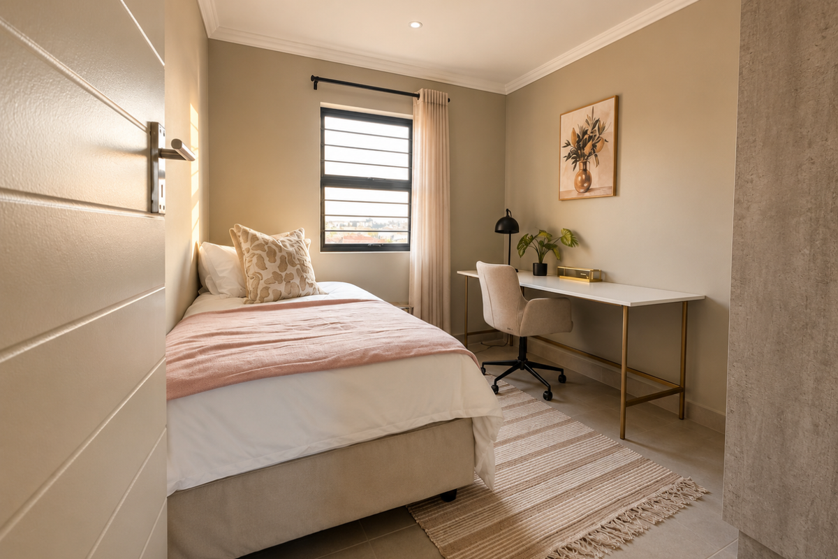 A well-lit bedroom featuring neutral wall tones, tiled flooring, a built-in cupboard, and a window with security bars.