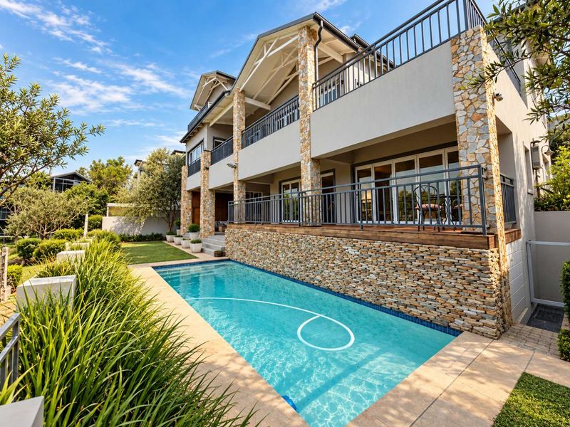 A well-maintained swimming pool area featuring stone-clad retaining walls, timber decking, and a multi-level balcony with metal railings.