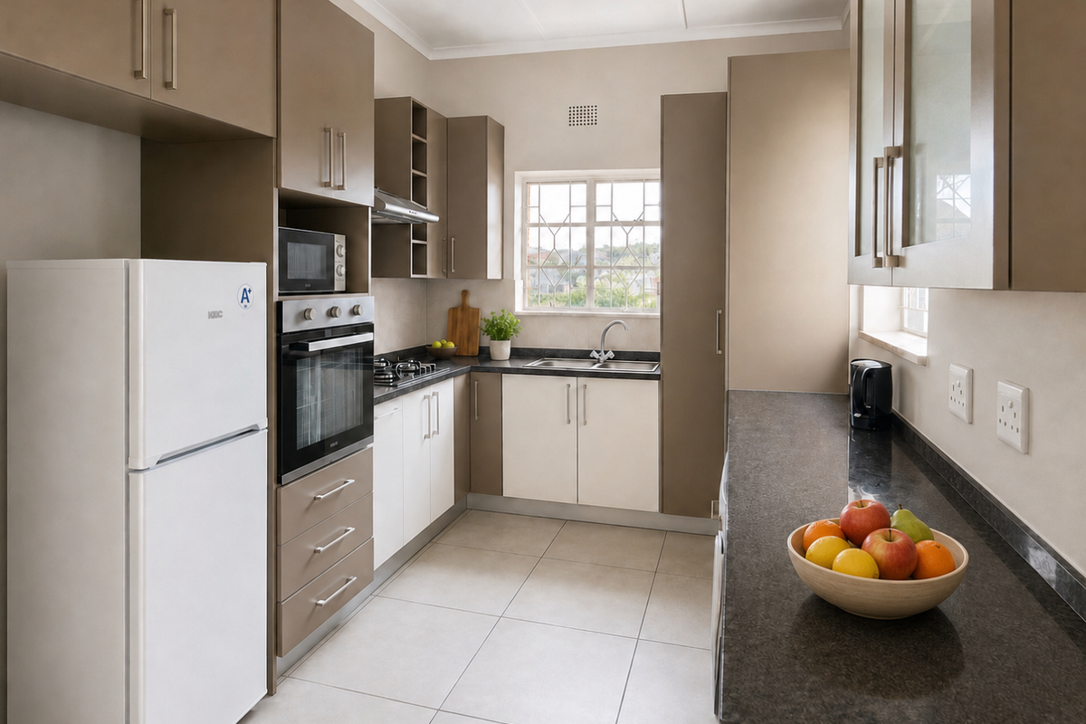 A modern, well-maintained kitchen featuring neutral-toned cabinetry, granite countertops, built-in appliances, and tiled flooring with ample natural light.