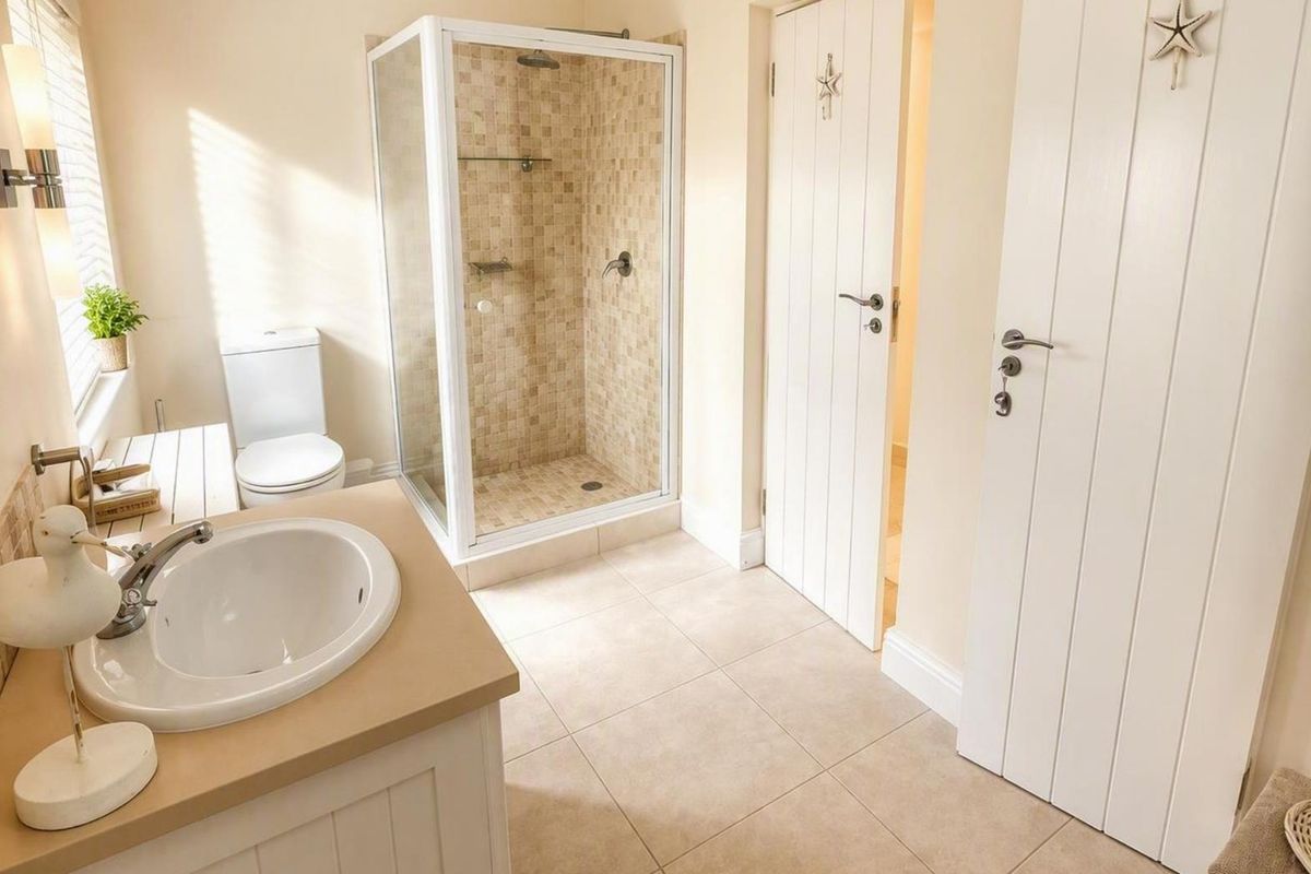A bright and well-maintained bathroom featuring a glass-enclosed shower with mosaic tiling, a vanity basin, and neutral floor tiles.