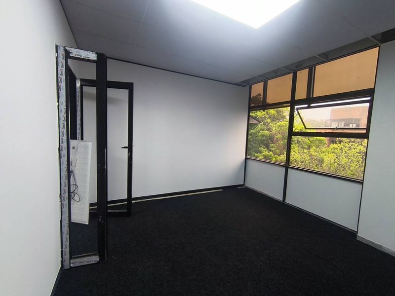An empty office space featuring black carpeting, large windows with natural light, and an unfinished door frame installation.