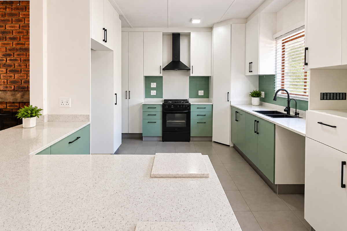 Modern kitchen featuring white and sage green cabinetry, quartz countertops, a gas hob, and a tiled backsplash with a clean, contemporary finish.