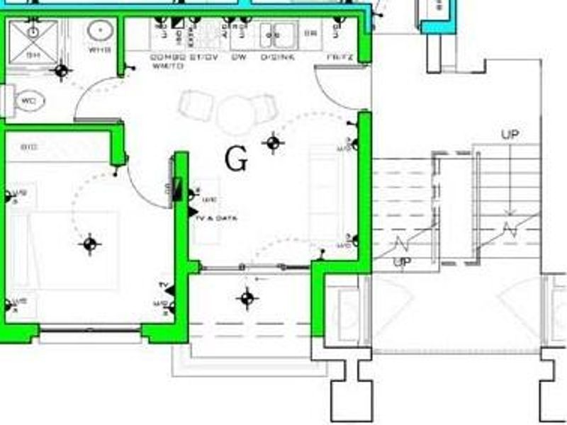 Architectural floor plan showing the layout of the apartment unit, including bedroom, bathroom, and open-plan living area.