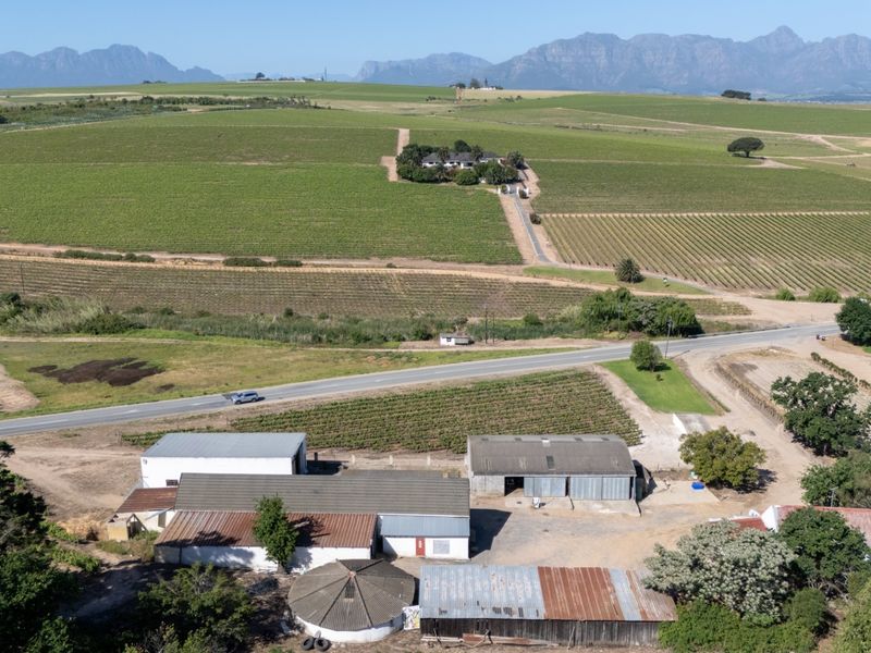 Aerial view of a farm property featuring multiple outbuildings, corrugated metal roofs, and extensive surrounding vineyards with mountain views.
