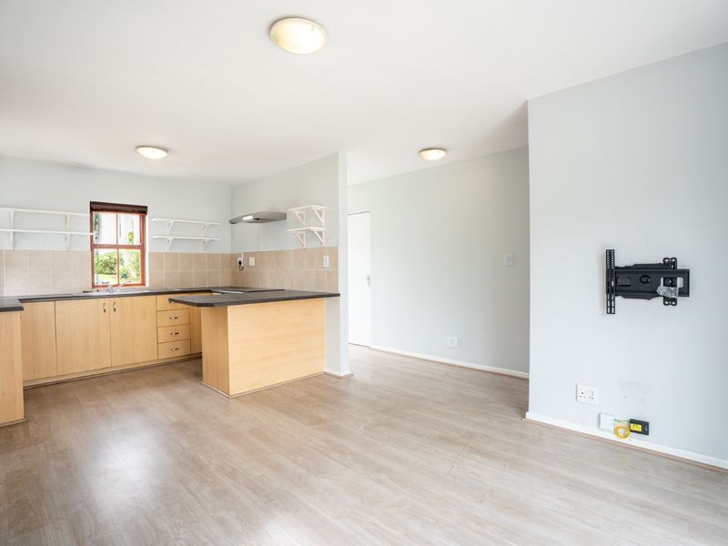 Open plan kitchen and living area featuring light wood cabinetry, laminate flooring, and neutral wall finishes, providing a versatile and bright living space.