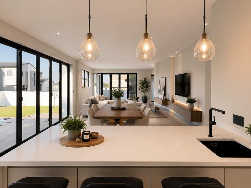 Modern open-plan living area featuring a sleek kitchen island, high-end finishes, and seamless flow to the outdoor patio through large sliding glass doors.