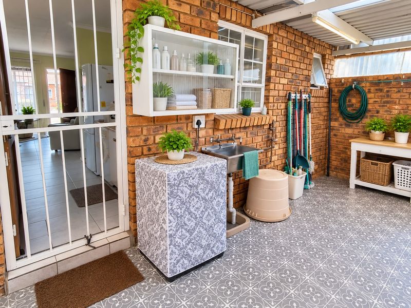 A functional outdoor laundry area featuring exposed brick walls, a stainless steel utility sink, and decorative patterned floor tiles under a covered roof.