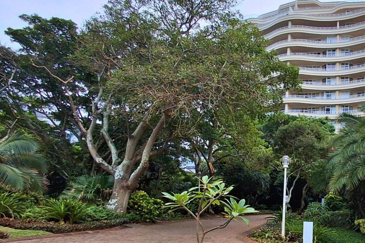 A view of a multi-story apartment building set within lush, mature landscaped gardens and paved pathways.