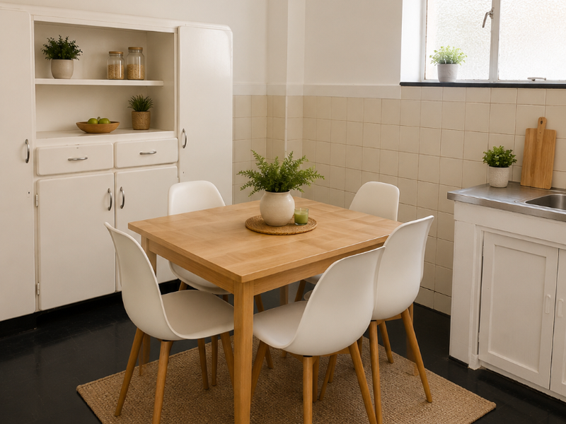 A dining area featuring built-in cabinetry, a tiled splashback, and a stainless steel sink, offering a functional space with classic architectural details.