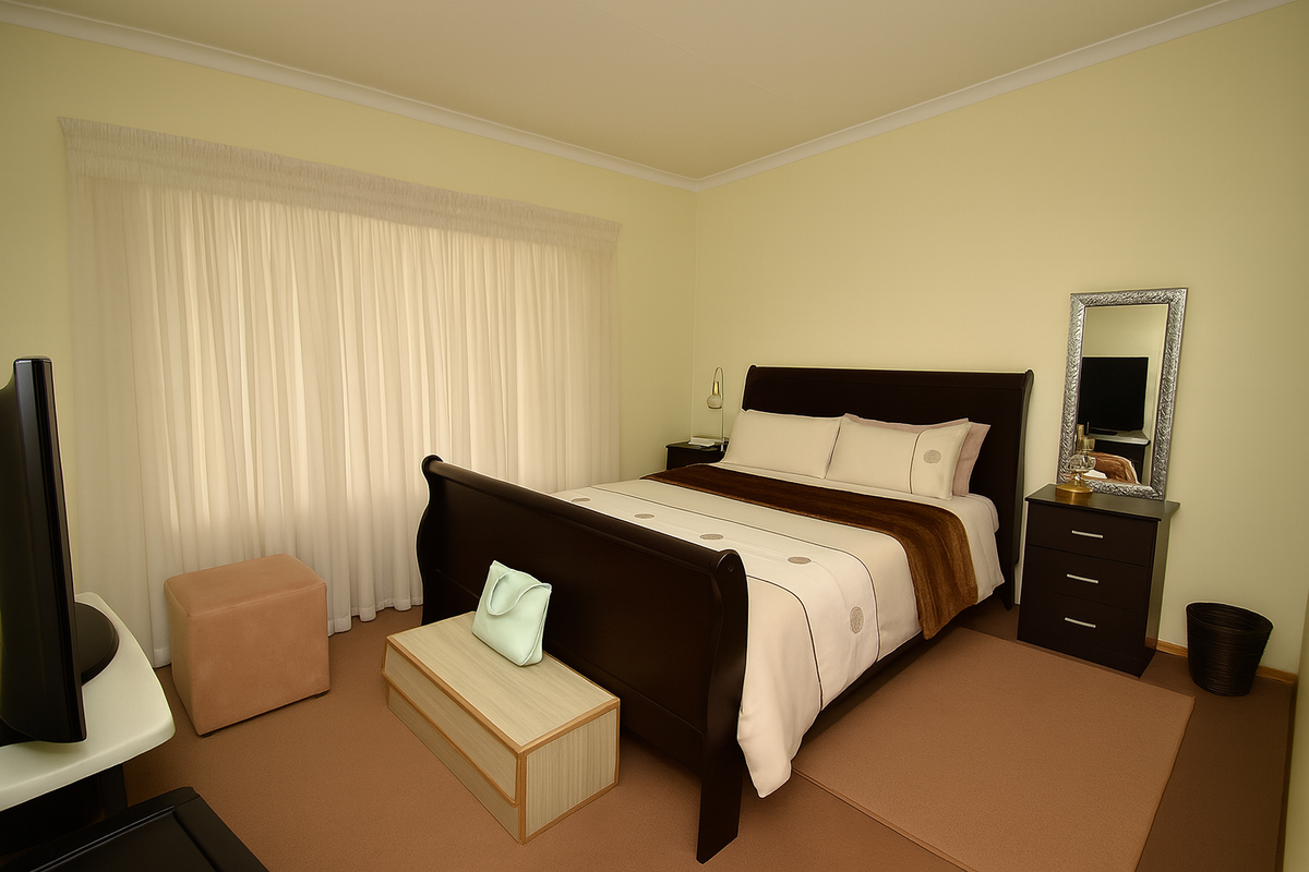 A well-maintained bedroom featuring neutral wall tones, carpeted flooring, and large window with sheer curtains providing natural light.
