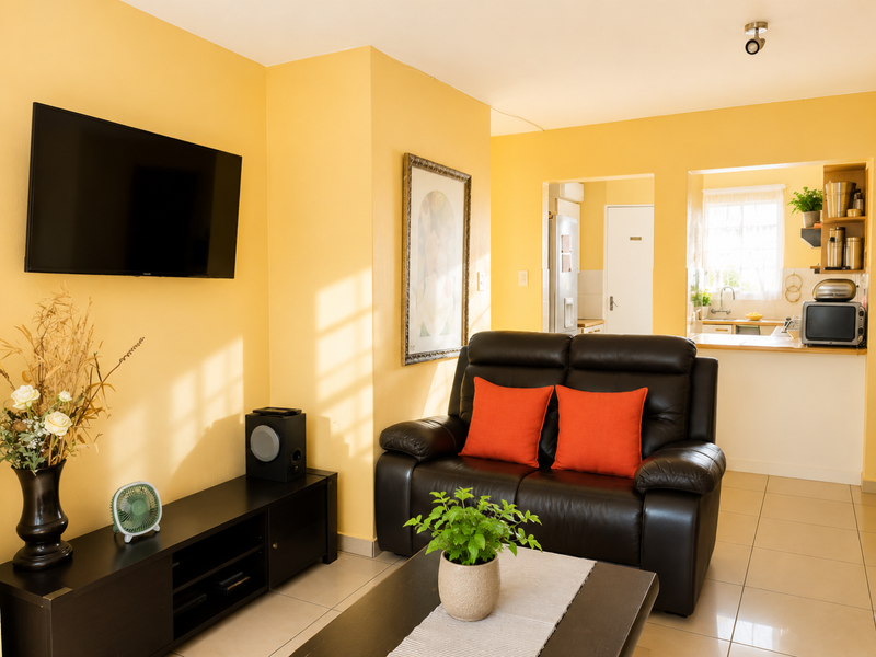 Open plan living area featuring tiled floors and a connected kitchen space with built-in cabinetry and countertops.