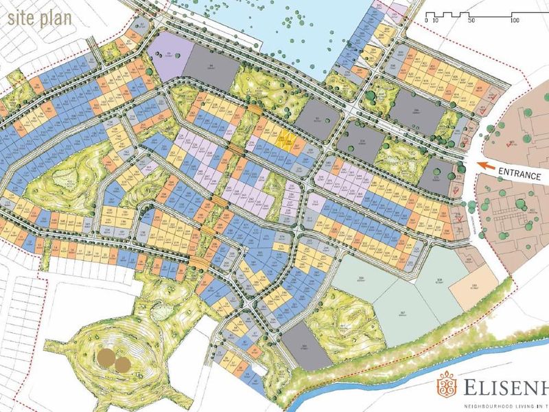 A detailed phase 1 site plan for the Elisenheim development, illustrating the layout of land parcels, road infrastructure, and designated entrance points.