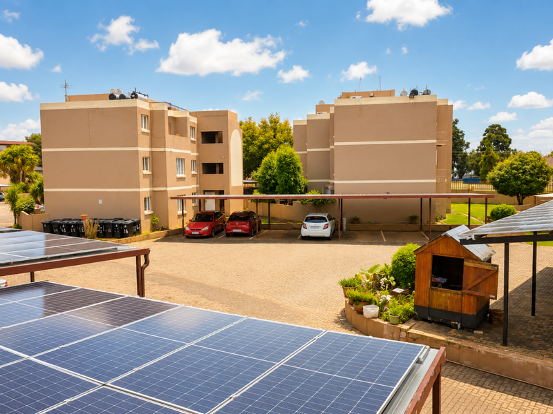 Exterior view of a townhouse complex featuring a paved parking area, covered carports, and extensive rooftop solar panel installations.