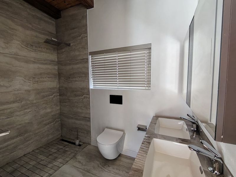 Modern bathroom featuring a spacious walk-in shower with rain head, wall-hung toilet, and a sleek double vanity with contemporary fixtures.