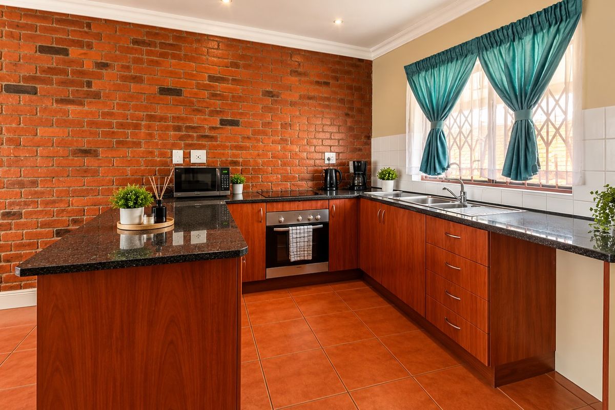 A well-maintained kitchen featuring exposed brick walls, granite countertops, built-in oven, electric hob, and tiled flooring with ample cabinetry.