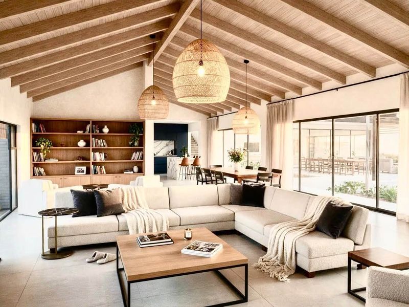 Spacious open-plan living area featuring a vaulted timber ceiling with exposed beams, built-in shelving, and large sliding glass doors leading to the outdoors.