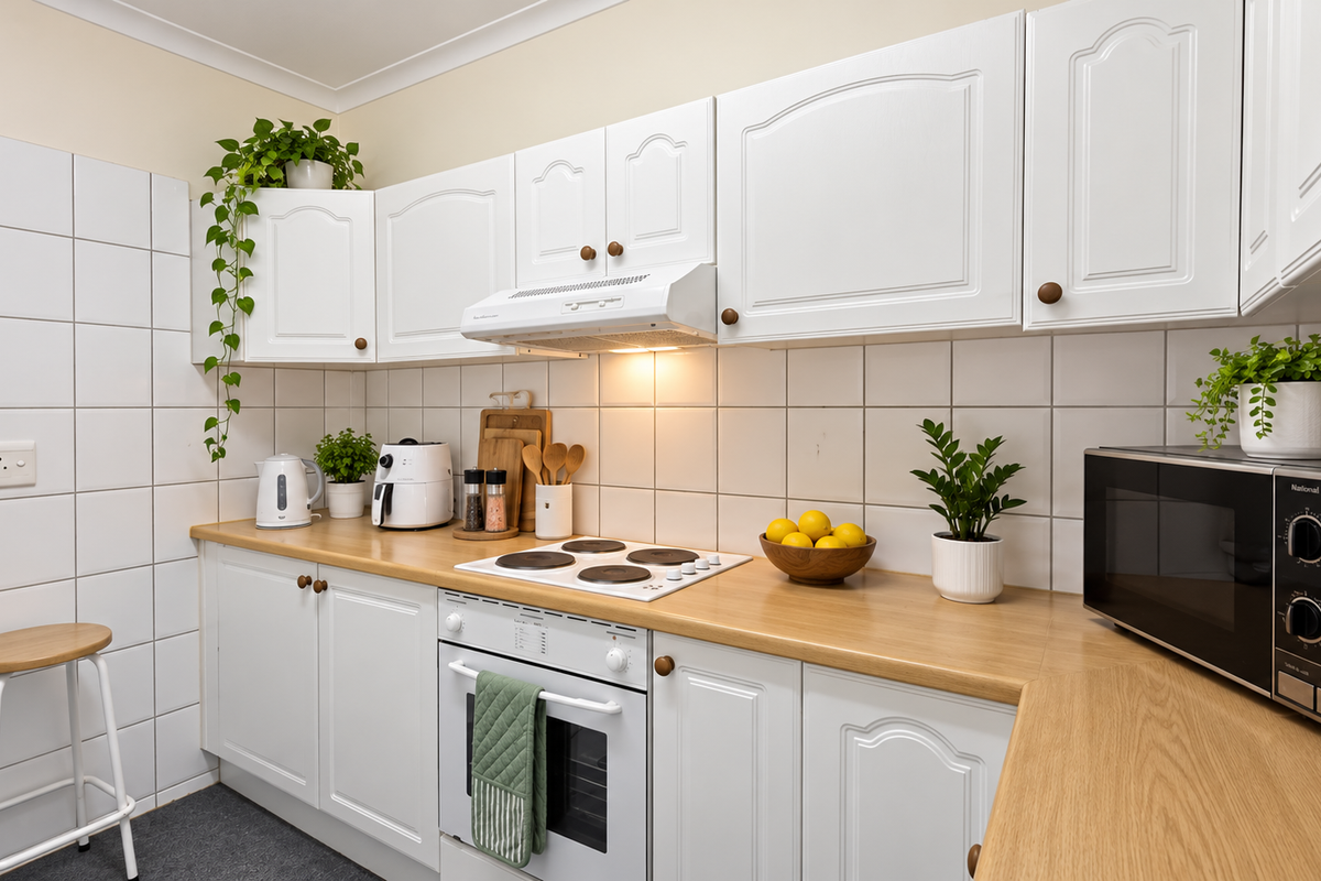 A functional kitchen featuring white cabinetry, light wood-tone laminate countertops, a tiled backsplash, and integrated cooking appliances.