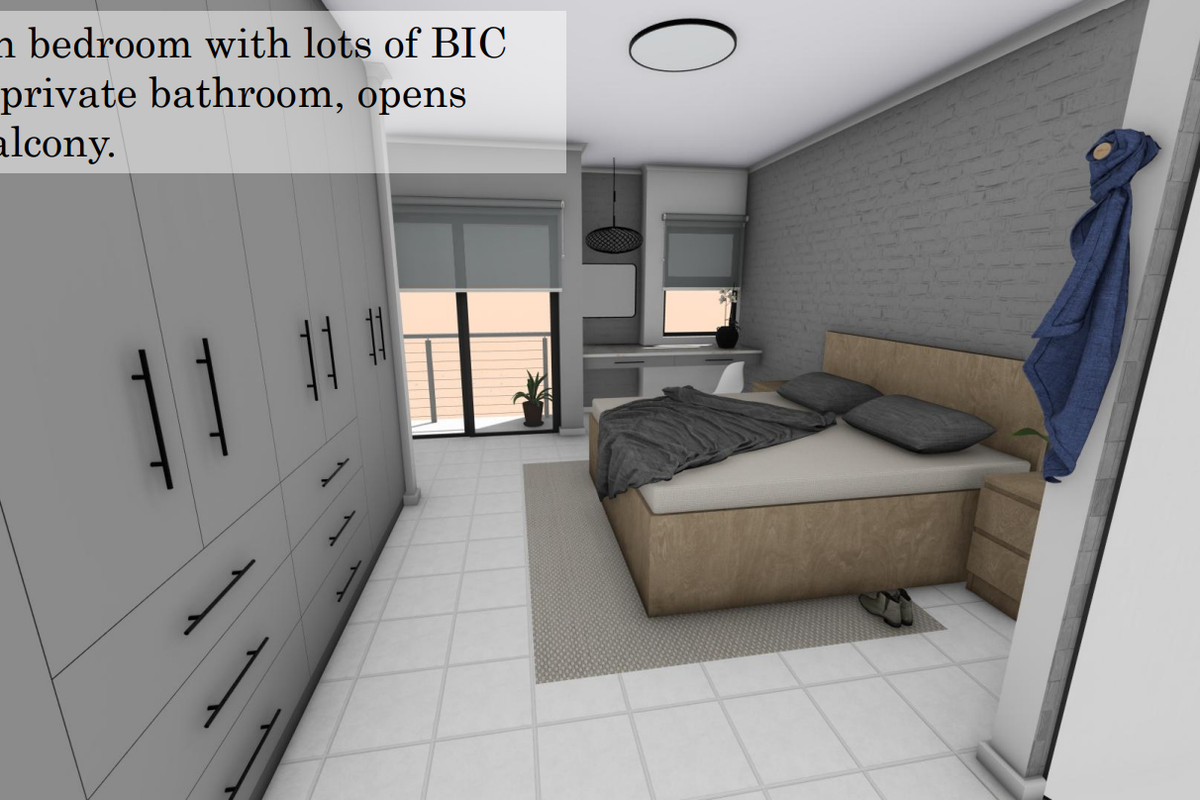Spacious bedroom featuring extensive built-in cabinetry, a private en-suite bathroom, and direct access to a balcony through sliding glass doors.