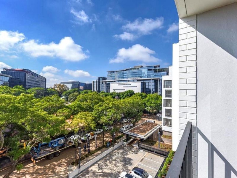 A view from a balcony overlooking a landscaped urban area with mature trees and surrounding office buildings.
