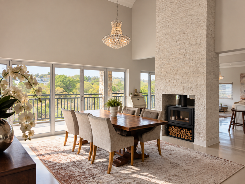 Elegant dining area featuring a striking stone-clad fireplace with a built-in stove, vaulted ceilings, and large sliding doors opening to a scenic balcony.